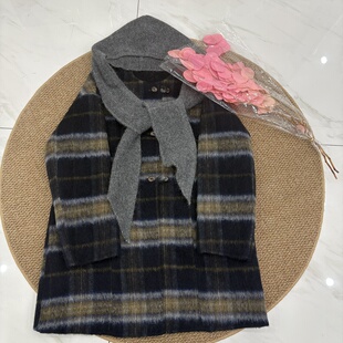 韩版双面羊绒大衣黄格25秋冬新款圆领针织披肩中长款宽松羊毛外套