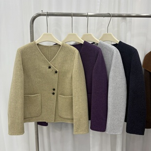 韩版双面羊绒大衣短款女25秋冬新款V领宽松显瘦小个子羊毛外套