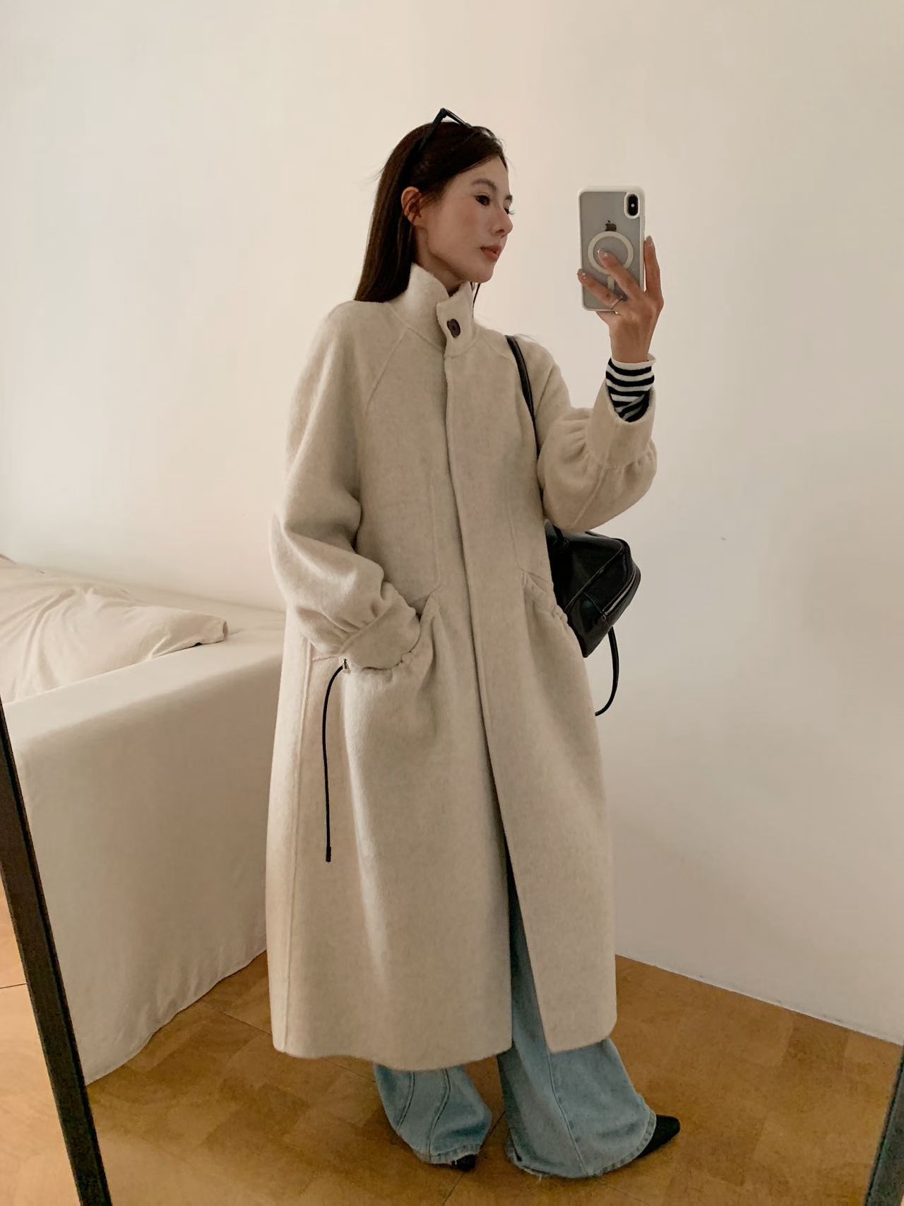 韩版双面羊绒大衣长款女25秋冬新款立领宽松显瘦小个子羊毛外套