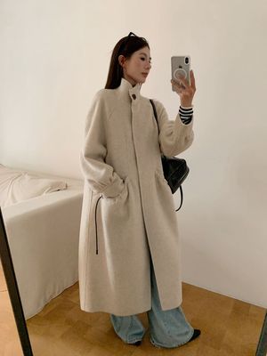 韩版双面羊绒大衣长款女25秋冬新款立领宽松显瘦小个子羊毛外套