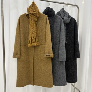 韩版双面羊绒大衣长款女25年秋冬新款圆领宽松显瘦围巾款羊毛外套