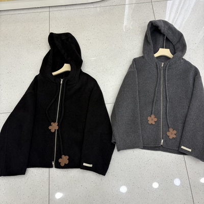 连帽花朵皮牌拉链款双面羊绒大衣2025秋冬新款韩版休闲减龄羊毛外