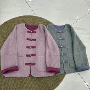 韩版双面羊绒大衣短款女25秋冬新款新中式国风盘扣宽松显瘦羊毛外