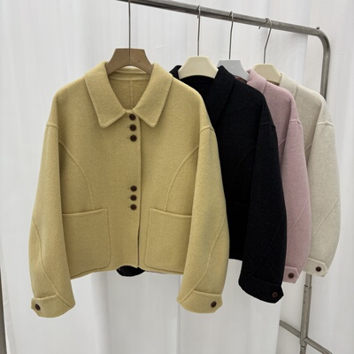 黄色双面羊绒大衣短款2025秋冬新款韩版娃娃领宽松小个子羊毛外套