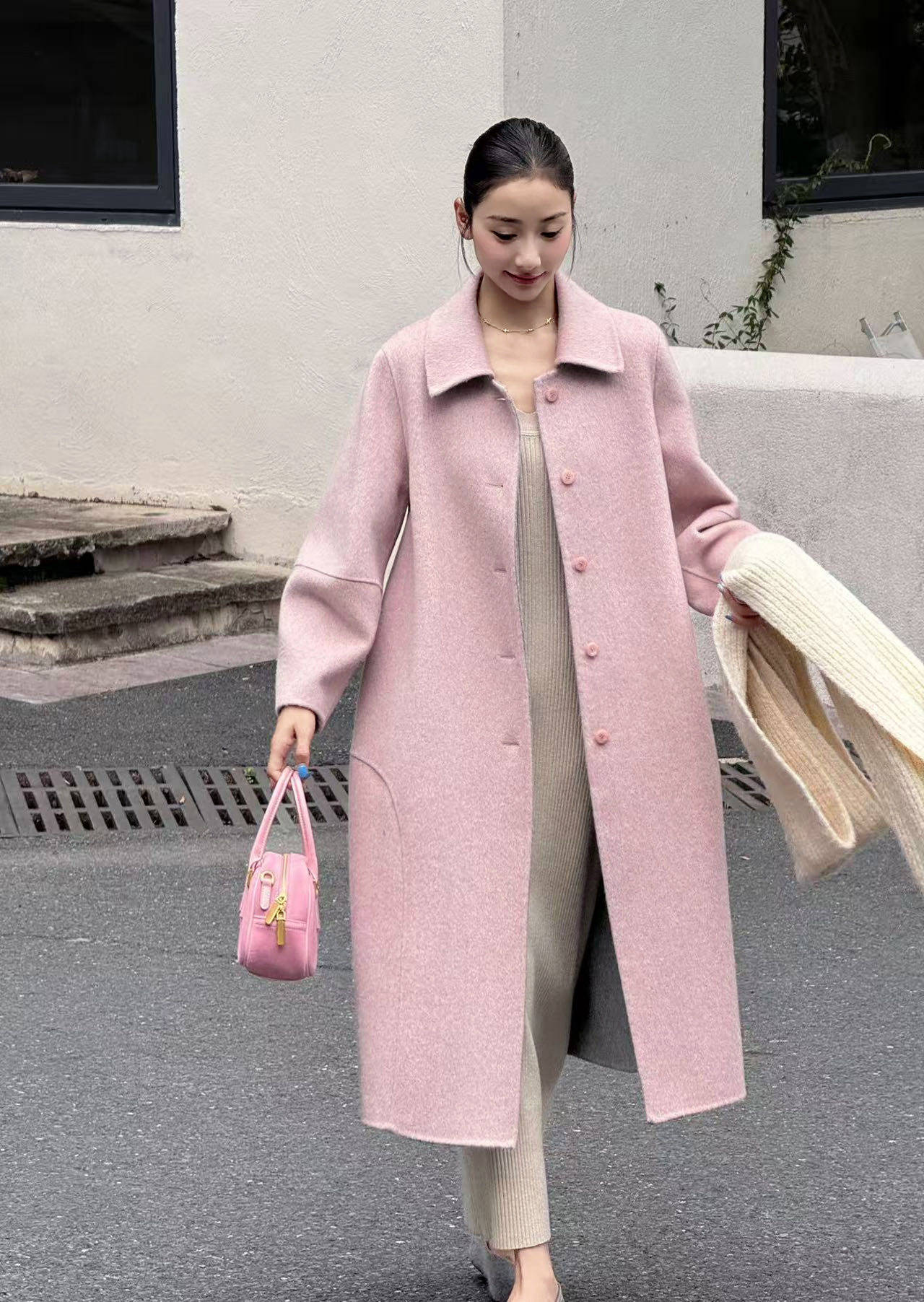 韩版双面羊绒大衣长款女25秋冬新款娃娃领宽松显瘦小个子羊毛外套