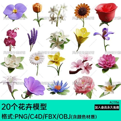 C4D花朵鲜花OBJ桃花卡通花卉3D模型FBX牵牛花Blend玫瑰月季花PNG