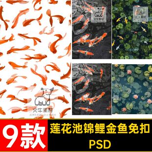 水墨锦鲤金鱼免扣素材图9款PSD池塘彩平面水面莲花池荷花中国锦鲤