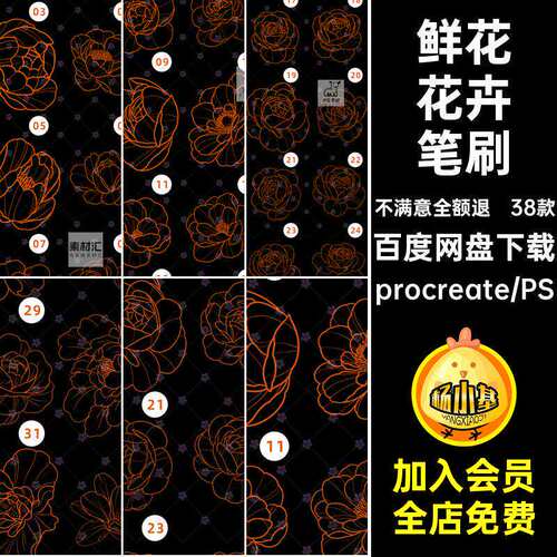 花朵花卉笔刷线38款手绘ps牡丹花插画素材稿procreat