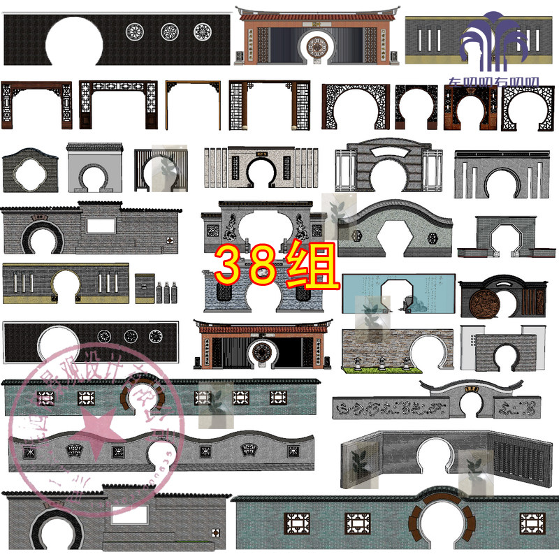 SU模型中式古典园林景观月亮门月洞门圆拱门景墙围墙建筑素材库