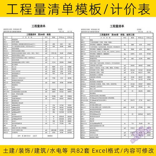 土建清单模板82套制作Excel源文件施工分项工程预算做报价