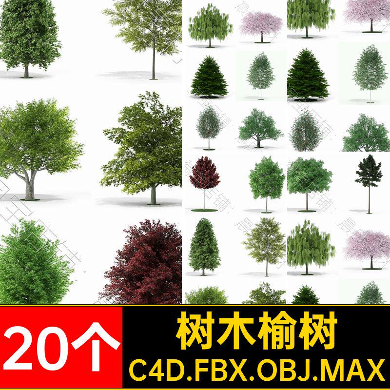 垂柳冷杉榆树皂荚三维树木景观OBJ带樱桃FBXC4D.FBX.OBJ.MAX模型