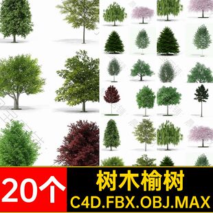垂柳冷杉C4D.FBX.OBJ.MAX樱桃植物皂荚带贴图模型树三维20个景观