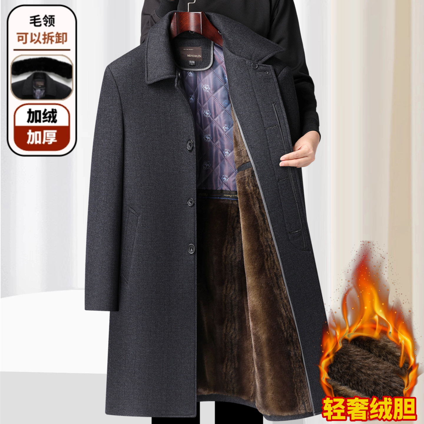 新款中老年男士呢大衣爸爸冬装加绒加厚长款呢子外套风衣冬季棉服