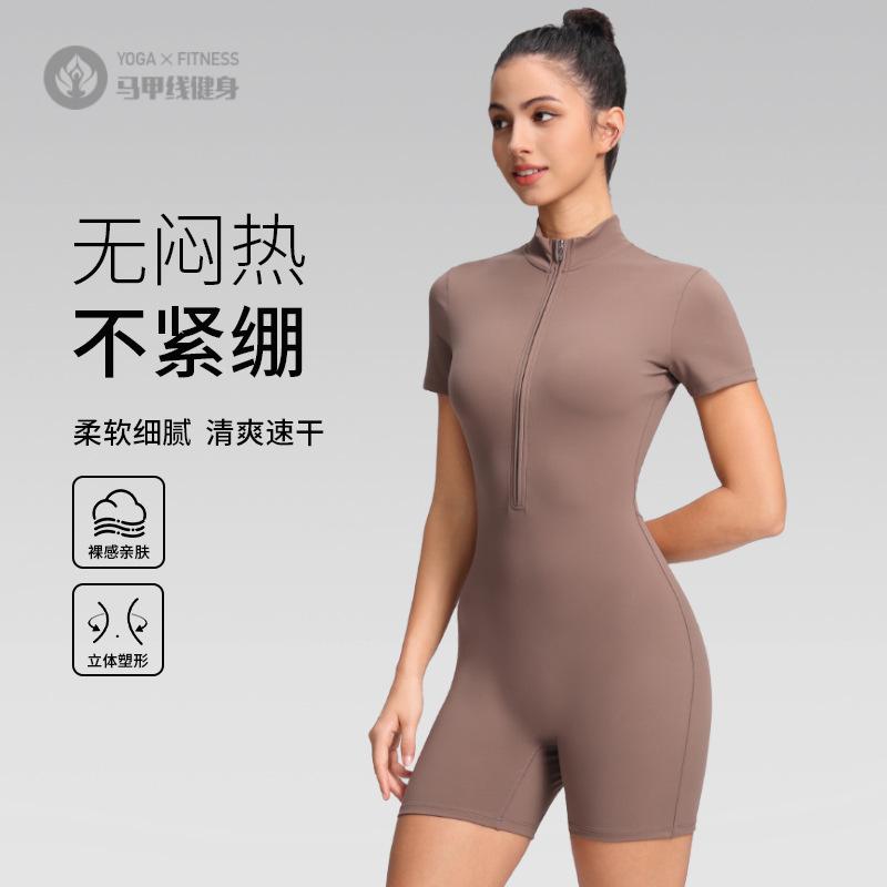 欧美夏季拉链短袖短裤瑜伽连体服