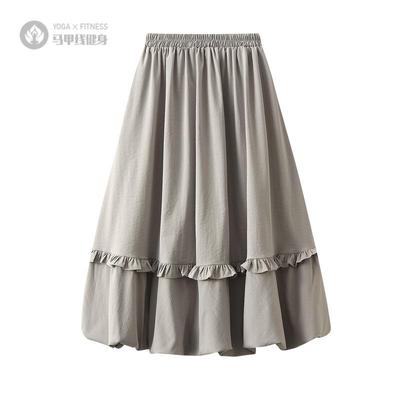 松紧腰木耳边褶皱花苞中长裙女