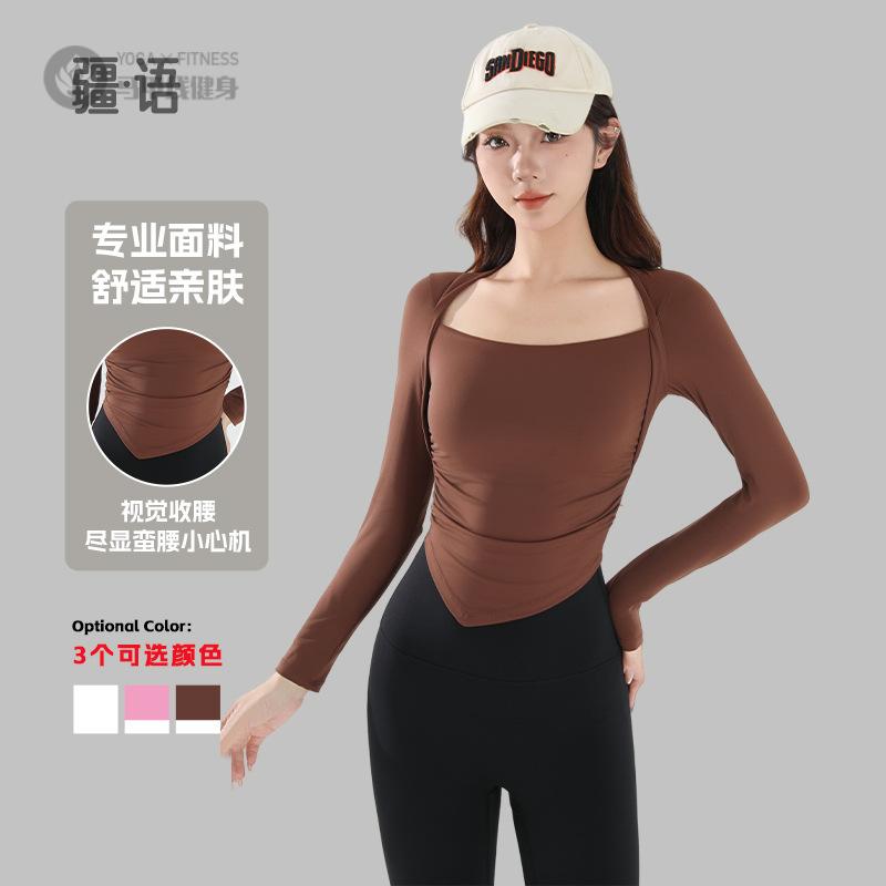 瑜伽服女长袖感假两件带胸垫修身