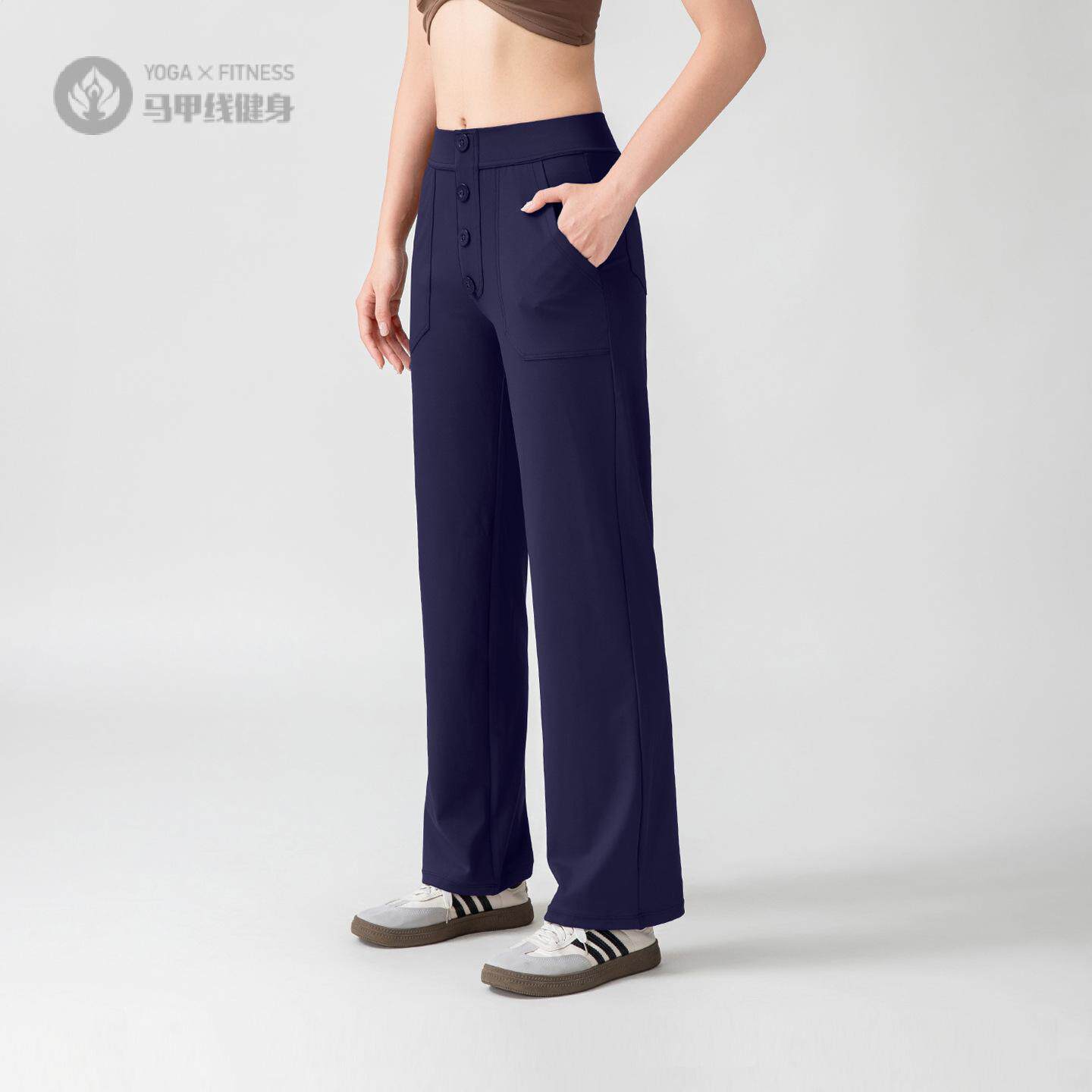 运动裤女纽扣宽松阔腿高腰瑜伽裤跑步春夏休闲直筒健身裤阔腿裤