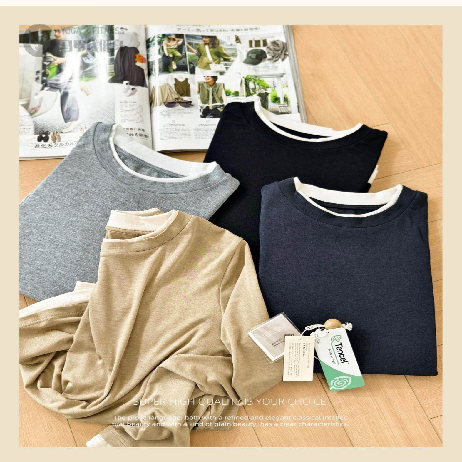 运动瑜伽长袖恤亲肤莱赛尔天丝上衣跑步透气叠穿假两件针织内搭