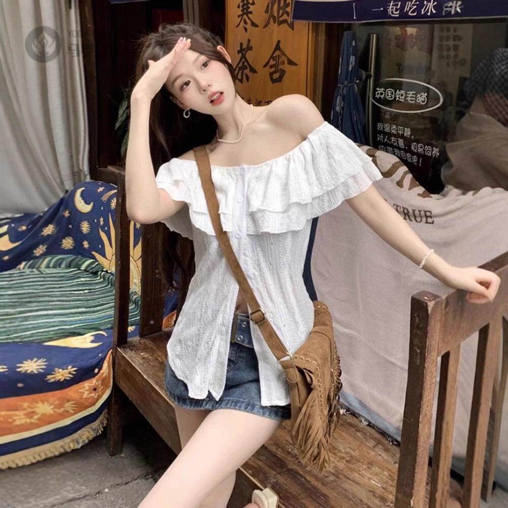 大码一字肩夏季显瘦设计感开叉