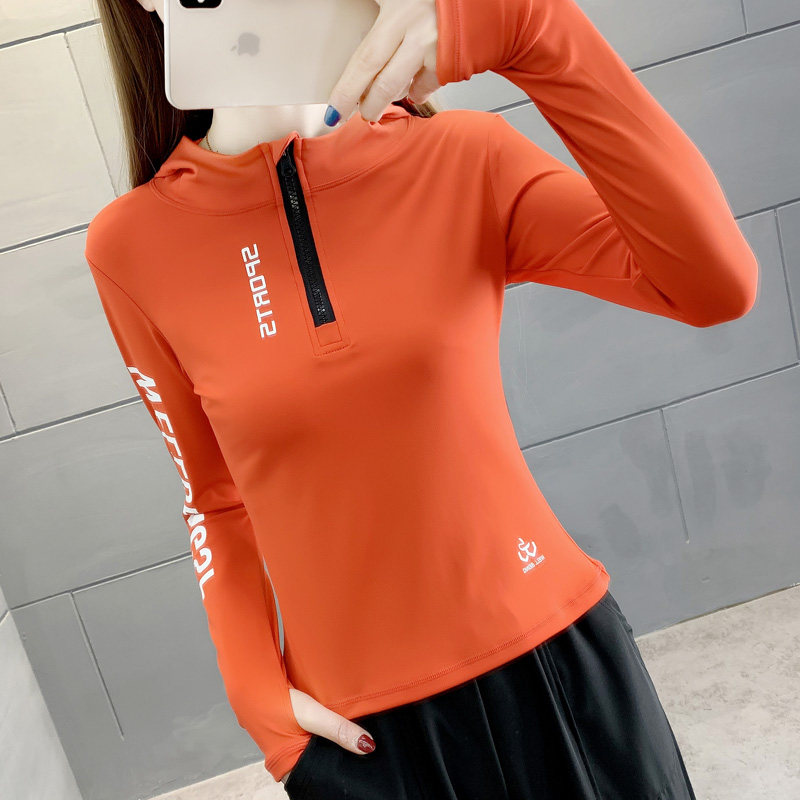 连帽速干衣女 长袖套指头显瘦瑜伽服户外跑步健身运动T恤上衣团建
