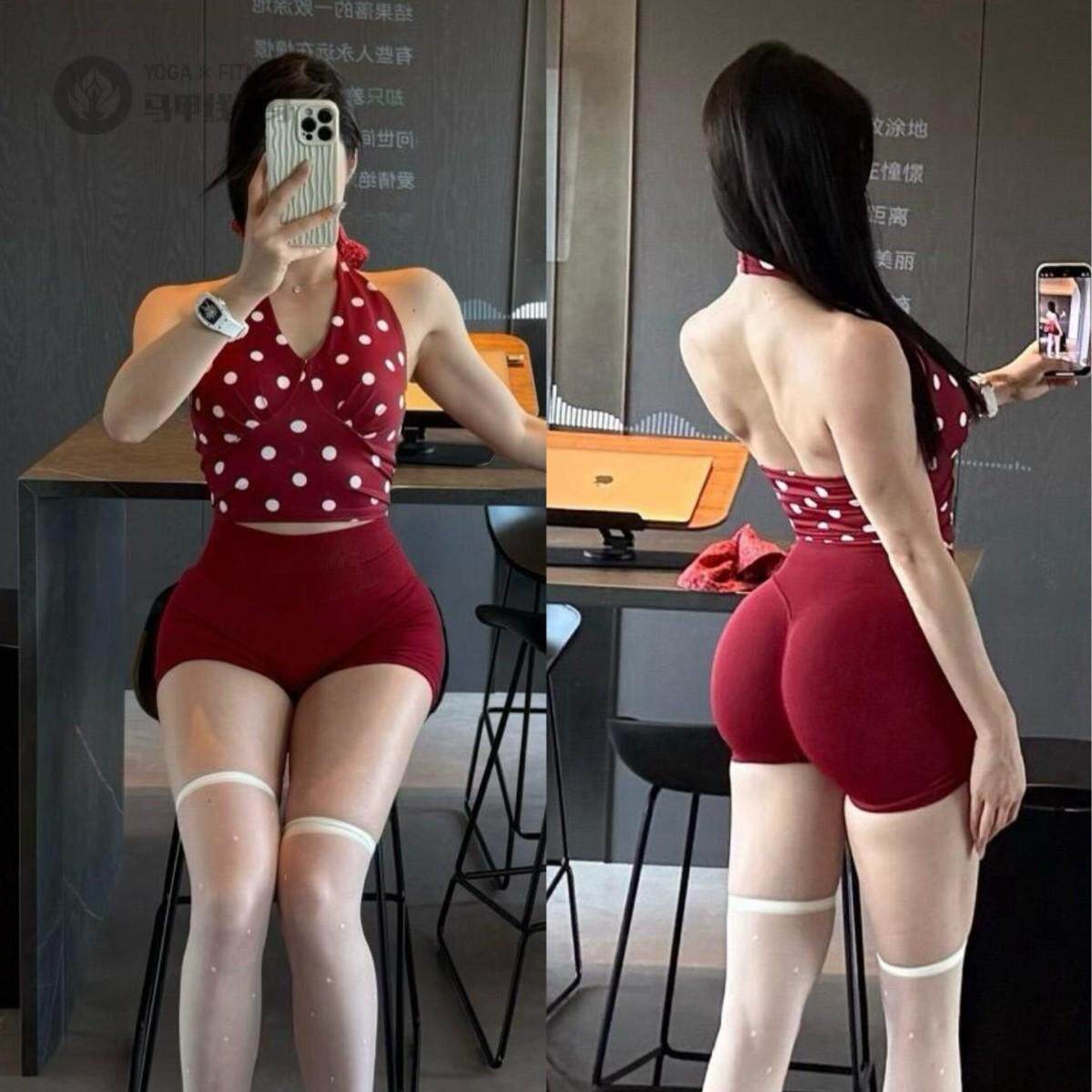 V领格纹挂脖吊带背心女固定杯