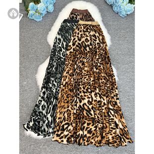 95m夏季南非北美豹纹半身裙经典百搭显瘦百褶裙长款裙子女