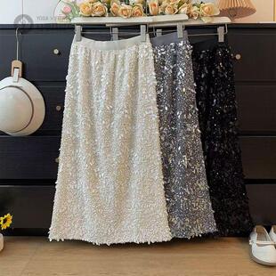 法式重工闪闪亮片开叉半身裙女冬季高腰垂坠感减龄显瘦A字包臀裙