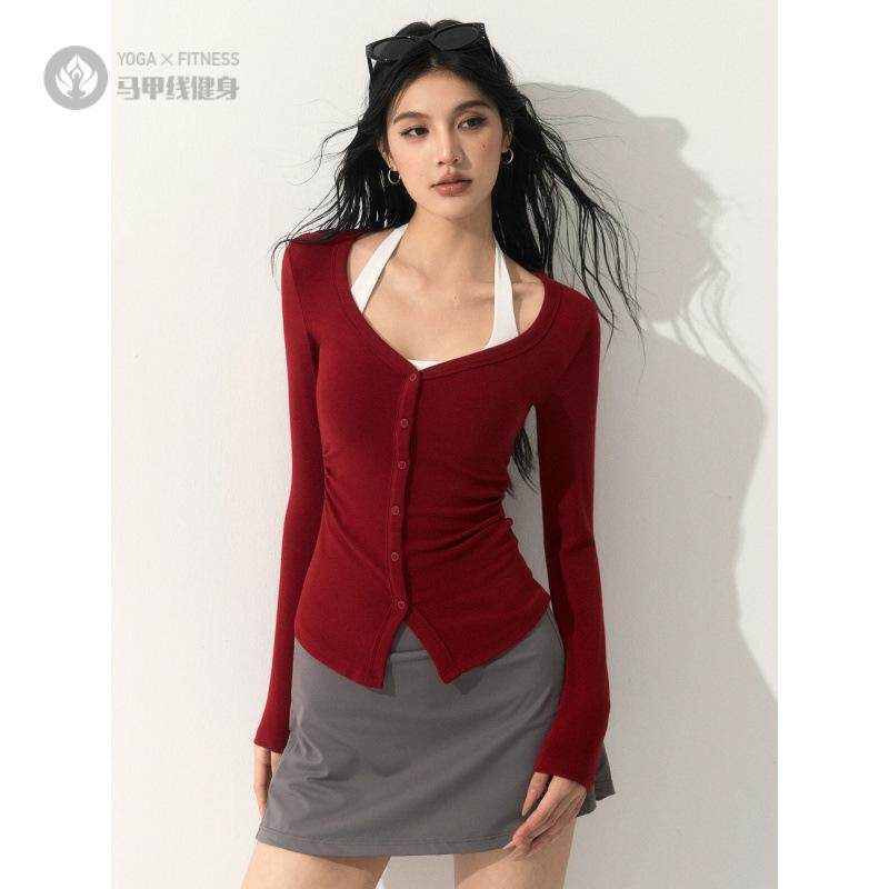 户外T恤性感V领瑜伽服长袖女修身显瘦运动上衣普拉提跑步健身服