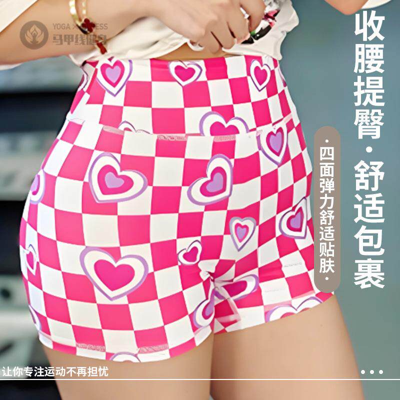 新款欧美印花彩色短裤高腰提臀运动健身跑步瑜伽三分裤女绿心格