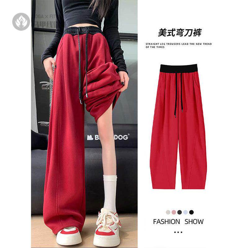 安可拉红运动裤女春秋2026新款宽松bf香蕉裤高腰卫裤弯刀阔腿裤子