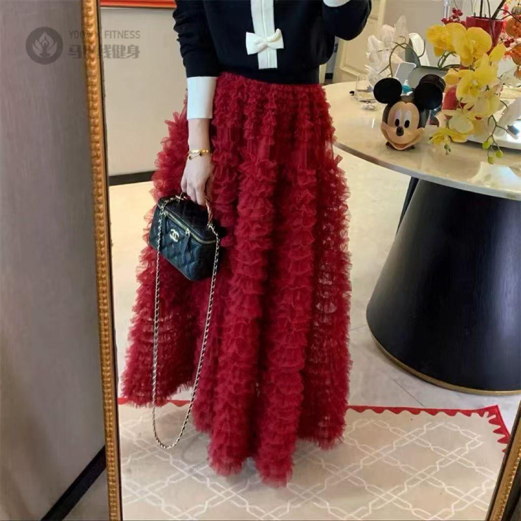 秋款纯色蓬蓬纱半身长裙