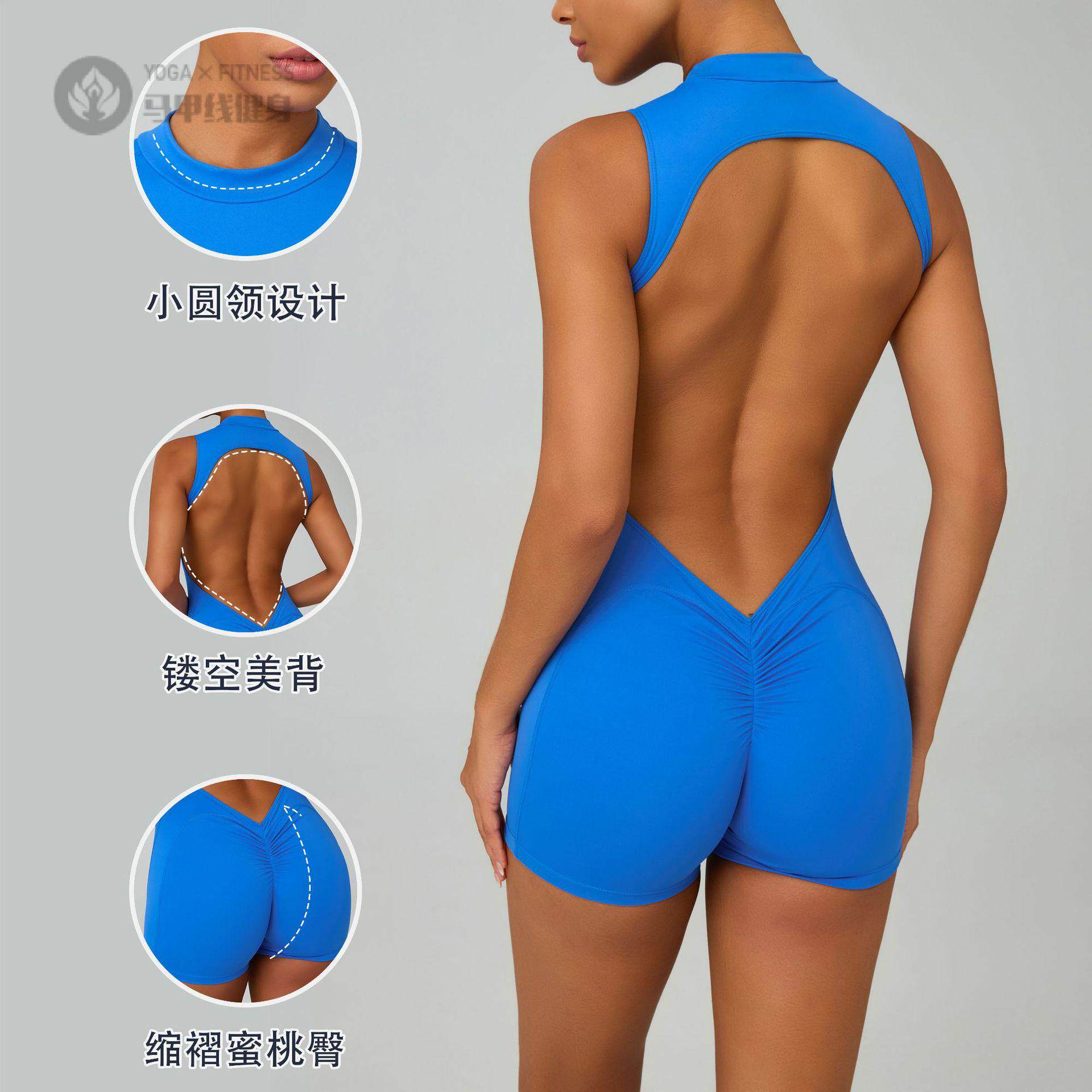 欧美裸感紧身运动连体衣女后背镂空美背提臀瑜伽跑步连体健身服