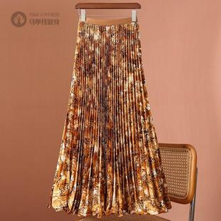 复古民族风水墨印花百褶半身裙女秋冬新款海边度假显瘦高腰长裙子