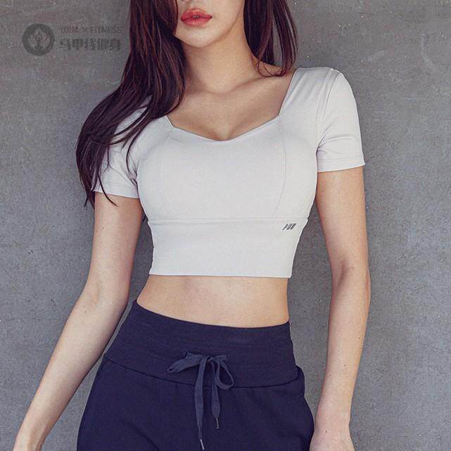 运动短袖弹力紧身露脐性感上衣女短款含胸垫跑步夏款薄