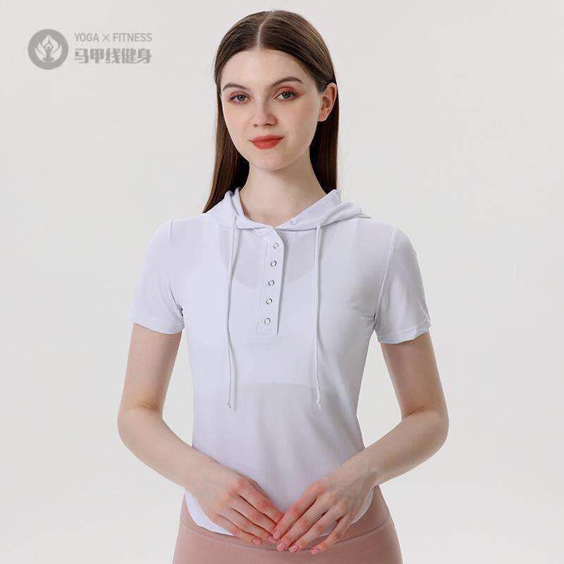 新款运动连帽短袖开筒排扣女上衣跑步瑜伽健身服速干瑜伽服休闲衫