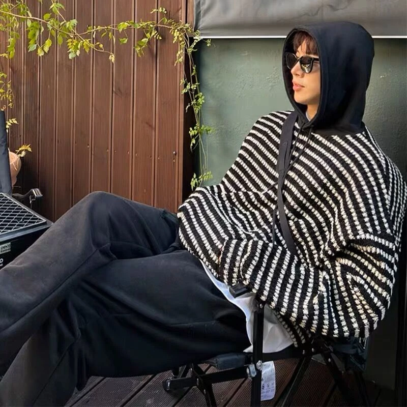 条纹连帽毛衣男女秋冬针织衫上衣