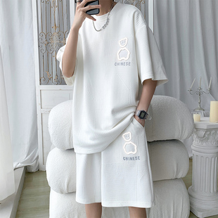 短褲 小熊t恤男士 潮牌寬松短袖 籃球服一套華夫格運(yùn)動(dòng)套裝 夏季
