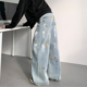 vibe泼墨牛仔裤 男春季 高街复古宽松阔腿长裤 美式 潮牌涂鸦直筒裤 子