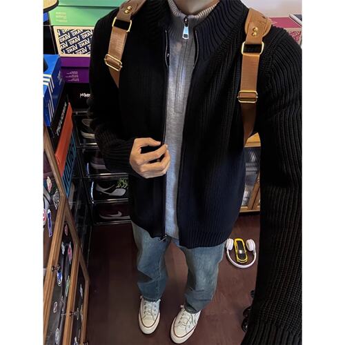 美式双拉链立领夹克开衫毛衣男