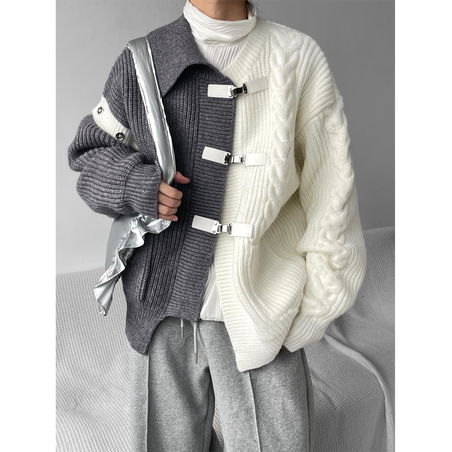 不规则小众设计高级感撞色拼接毛衣男冬季加厚宽松针织开衫外套潮