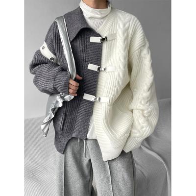 不规则小众设计高级感撞色拼接毛衣男冬季加厚宽松针织开衫外套潮