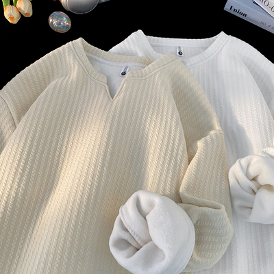 肌理感V领打底衫男款冬季加绒加厚青少年内搭潮牌2024新款长袖T恤