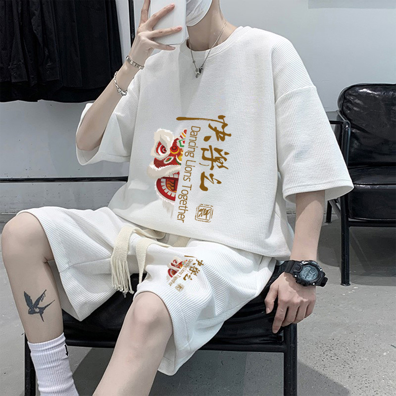 国潮中风华夫格套装男大码