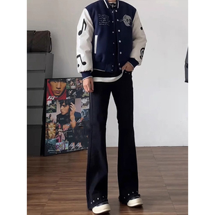 美式铆钉微喇牛仔裤男款cleanfit水洗黑色裤子直筒修身柳叶弯刀裤