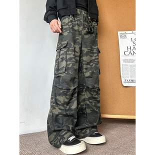 男潮牌复古阔腿百搭直筒弯刀微喇休闲裤 裤 高街迷彩多口袋工装 美式