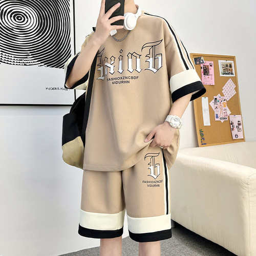 运动套装男夏季华夫格短袖t恤男