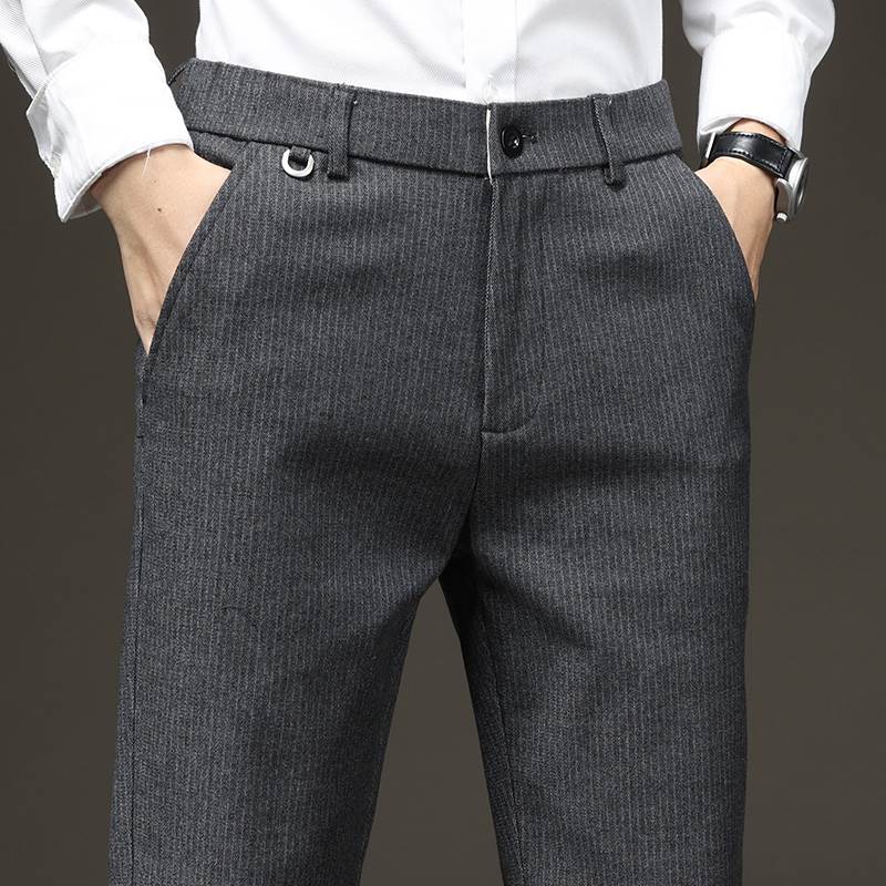 春季男士休闲裤宽松直筒裤子男磨毛加厚款秋冬款潮流条纹商务西裤