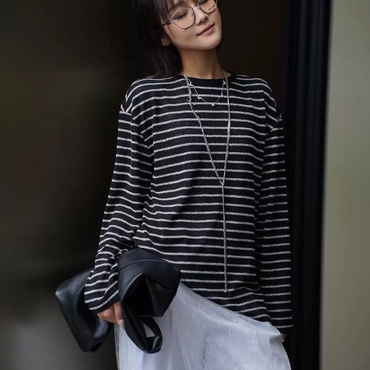 正品哥家新款2026秋季松弛感条纹长袖T恤女宽松慵懒百搭显瘦上衣