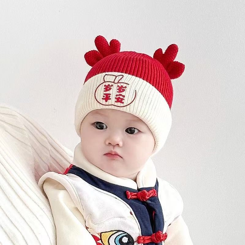婴儿帽子秋冬季毛线帽新年大红色