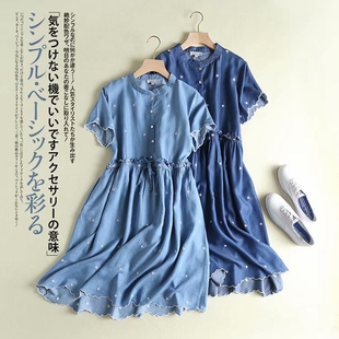 文艺绣花天丝连衣裙抽绳收腰修身 新款 花边牛仔裙 2019夏季 外贸女装